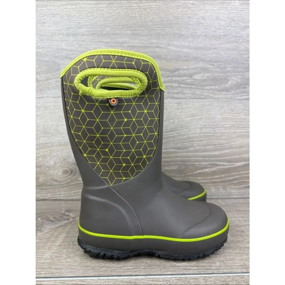 Bogs Waterproof-4f Slushie Web Geometric  Little Boy Sz 13 Gray Green Rain Boots